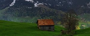 Preview wallpaper mountains, peaks, house, tree, valley