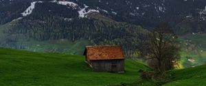 Preview wallpaper mountains, peaks, house, tree, valley