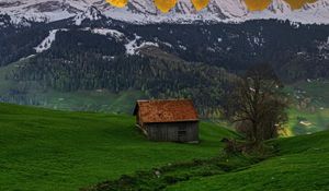 Preview wallpaper mountains, peaks, house, tree, valley