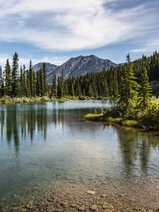 Preview wallpaper mountains, peaks, lake, forest, trees