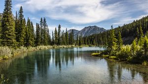 Preview wallpaper mountains, peaks, lake, forest, trees