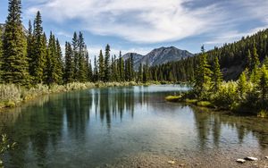 Preview wallpaper mountains, peaks, lake, forest, trees