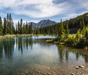 Preview wallpaper mountains, peaks, lake, forest, trees