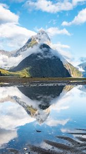 Preview wallpaper mountains, peaks, lake, reflection, clouds