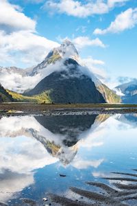 Preview wallpaper mountains, peaks, lake, reflection, clouds