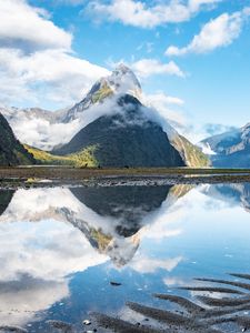 Preview wallpaper mountains, peaks, lake, reflection, clouds