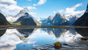 Preview wallpaper mountains, peaks, lake, reflection, clouds