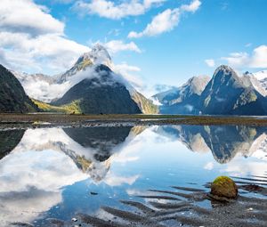 Preview wallpaper mountains, peaks, lake, reflection, clouds