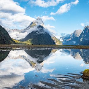 Preview wallpaper mountains, peaks, lake, reflection, clouds
