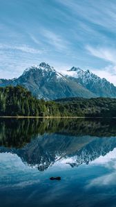 Preview wallpaper mountains, peaks, lake, trees, forest, reflection