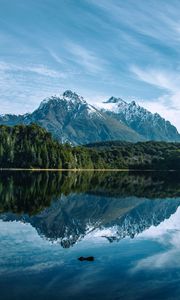 Preview wallpaper mountains, peaks, lake, trees, forest, reflection