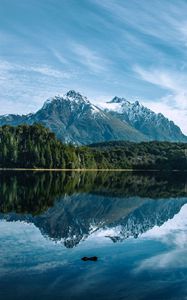 Preview wallpaper mountains, peaks, lake, trees, forest, reflection