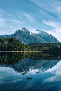 Preview wallpaper mountains, peaks, lake, trees, forest, reflection