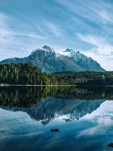 Preview wallpaper mountains, peaks, lake, trees, forest, reflection