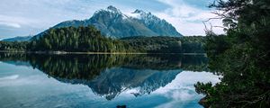 Preview wallpaper mountains, peaks, lake, trees, forest, reflection