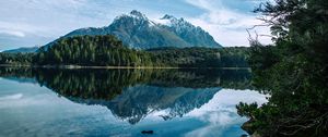 Preview wallpaper mountains, peaks, lake, trees, forest, reflection