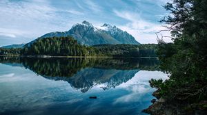 Preview wallpaper mountains, peaks, lake, trees, forest, reflection