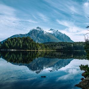 Preview wallpaper mountains, peaks, lake, trees, forest, reflection