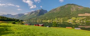 Preview wallpaper mountains, peaks, landscape, valley, river, houses, grass