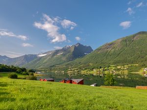 Preview wallpaper mountains, peaks, landscape, valley, river, houses, grass