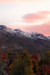 Preview wallpaper mountains, peaks, landscape, trees, houses