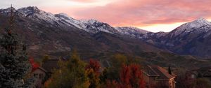 Preview wallpaper mountains, peaks, landscape, trees, houses