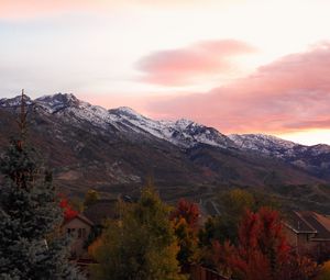 Preview wallpaper mountains, peaks, landscape, trees, houses