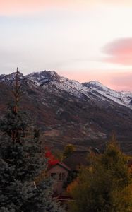 Preview wallpaper mountains, peaks, landscape, trees, houses, nature