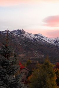 Preview wallpaper mountains, peaks, landscape, trees, houses, nature