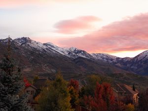 Preview wallpaper mountains, peaks, landscape, trees, houses, nature