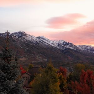 Preview wallpaper mountains, peaks, landscape, trees, houses, nature