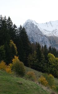 Preview wallpaper mountains, peaks, landscape, snow, trees, slope