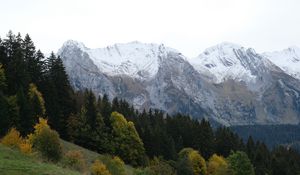 Preview wallpaper mountains, peaks, landscape, snow, trees, slope