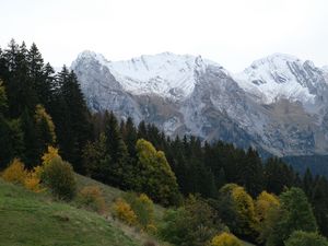 Preview wallpaper mountains, peaks, landscape, snow, trees, slope