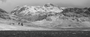 Preview wallpaper mountains, peaks, landscape, sea, black and white