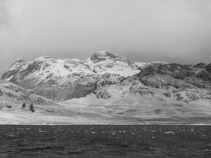 Preview wallpaper mountains, peaks, landscape, sea, black and white