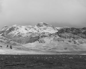 Preview wallpaper mountains, peaks, landscape, sea, black and white