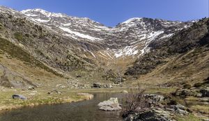 Preview wallpaper mountains, peaks, landscape, river, stones