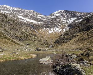 Preview wallpaper mountains, peaks, landscape, river, stones