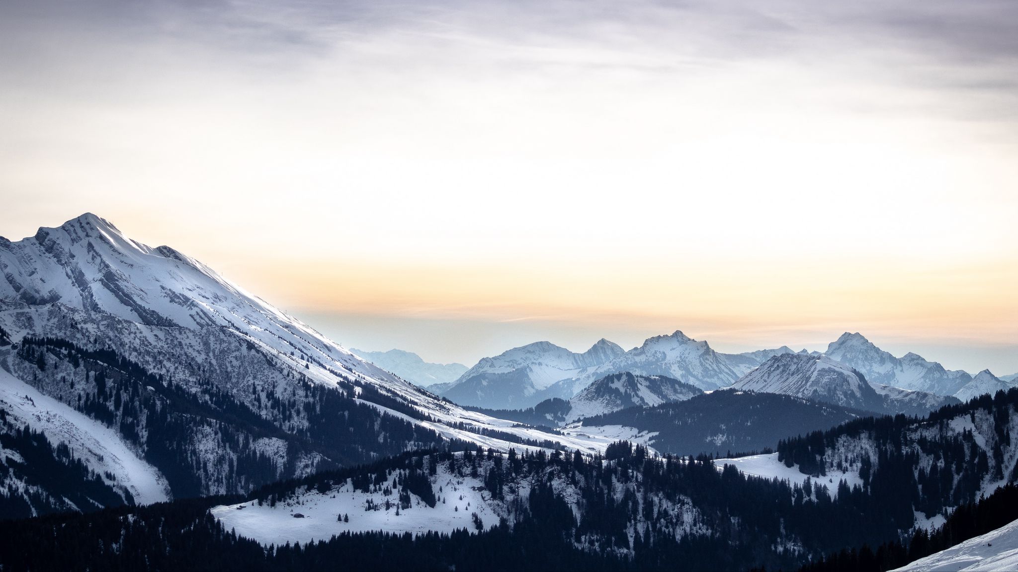 Download wallpaper 2048x1152 mountains, peaks, landscape, trees, snow ...