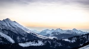 Preview wallpaper mountains, peaks, landscape, trees, snow, mountain range