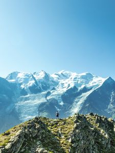 Preview wallpaper mountains, peaks, man, loneliness, height, nature