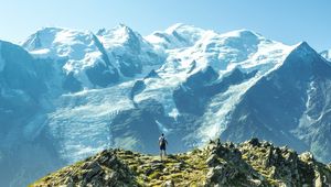 Preview wallpaper mountains, peaks, man, loneliness, height, nature