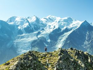 Preview wallpaper mountains, peaks, man, loneliness, height, nature