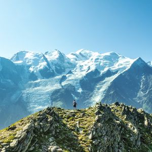 Preview wallpaper mountains, peaks, man, loneliness, height, nature