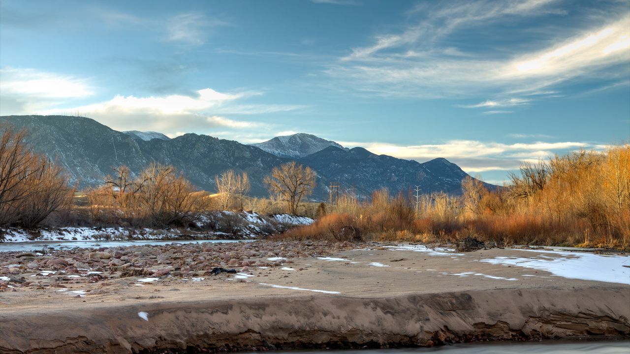 Wallpaper mountains, peaks, plants, river