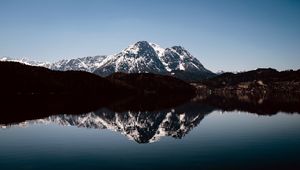 Preview wallpaper mountains, peaks, reflection, lake, landscape, nature, silence