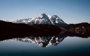 Preview wallpaper mountains, peaks, reflection, lake, landscape, nature, silence