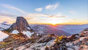 Preview wallpaper mountains, peaks, relief, rays, horizon