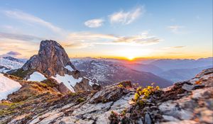 Preview wallpaper mountains, peaks, relief, rays, horizon